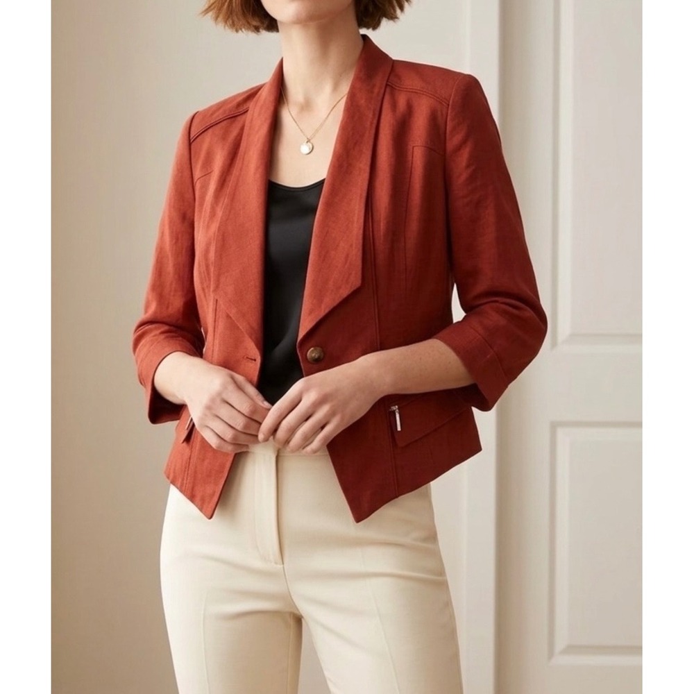 White House Black Market Red Linen Blend Draped Blazer Jacket 3/4 Sleeve 14